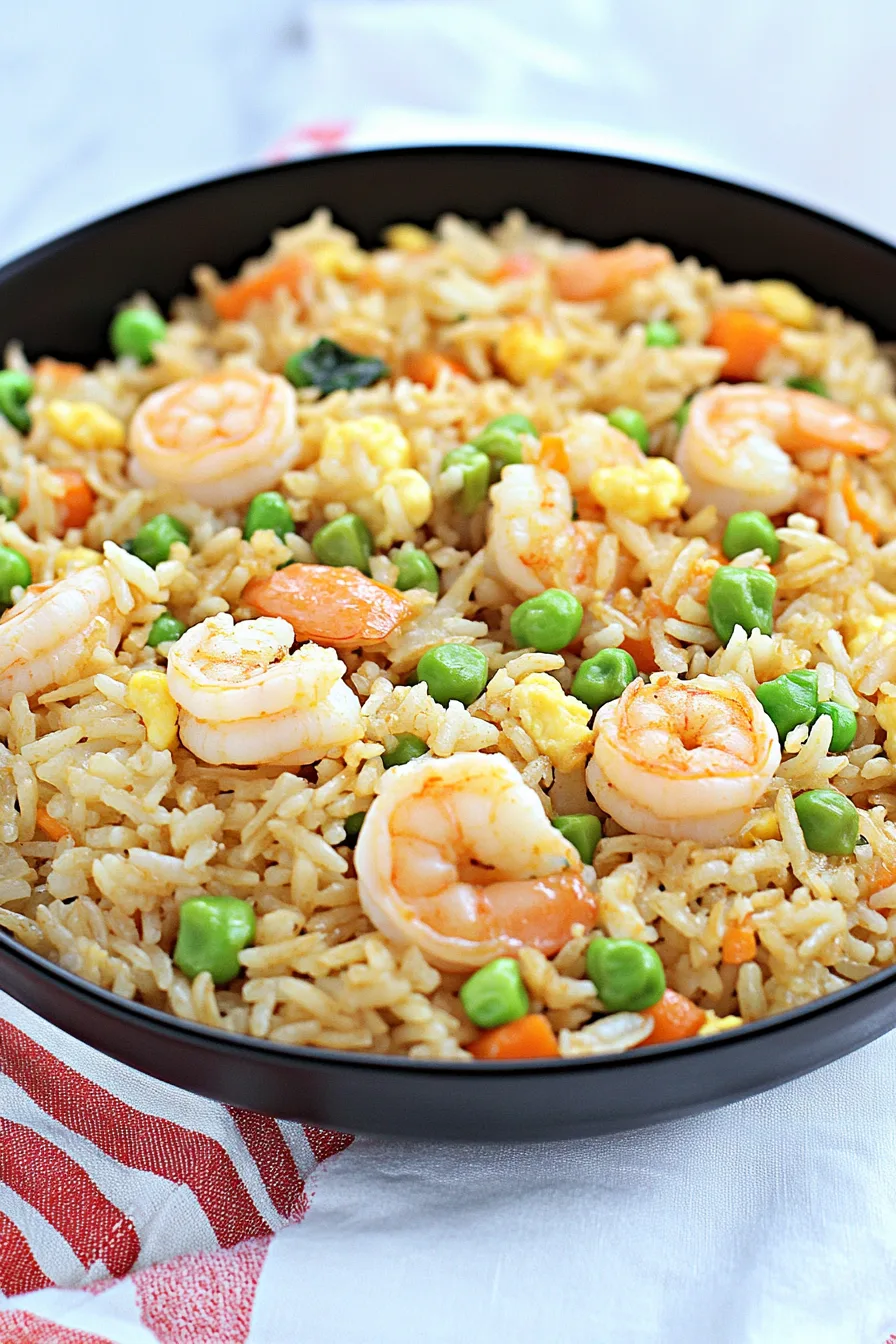 Close-up of stir-fried rice with juicy shrimp pieces and green onions.