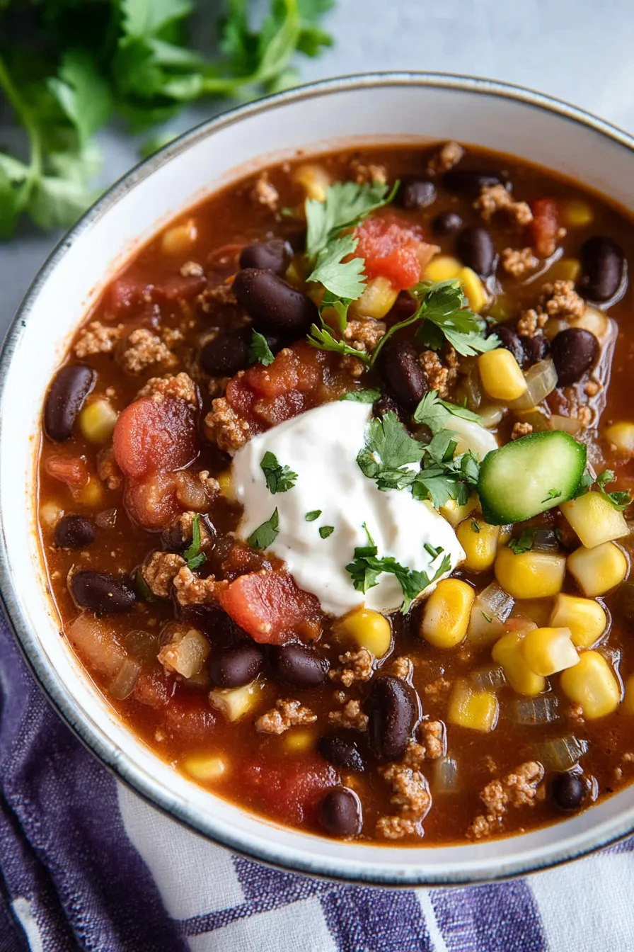 Close-up of a spoon lifting beans, vegetables, and seasoned broth.