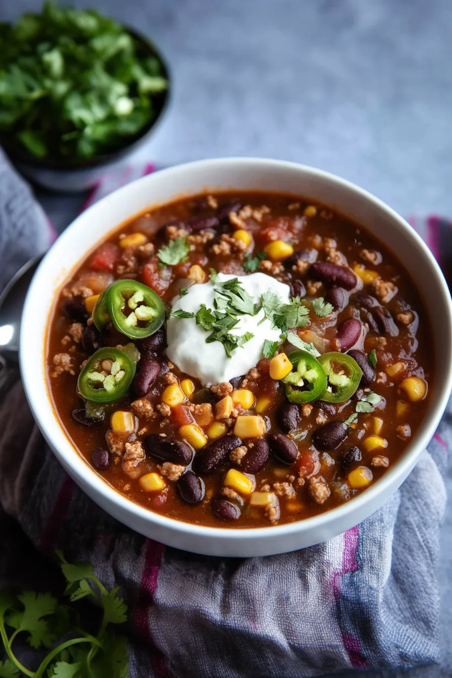 Warm, hearty soup topped with shredded cheese and fresh herbs.