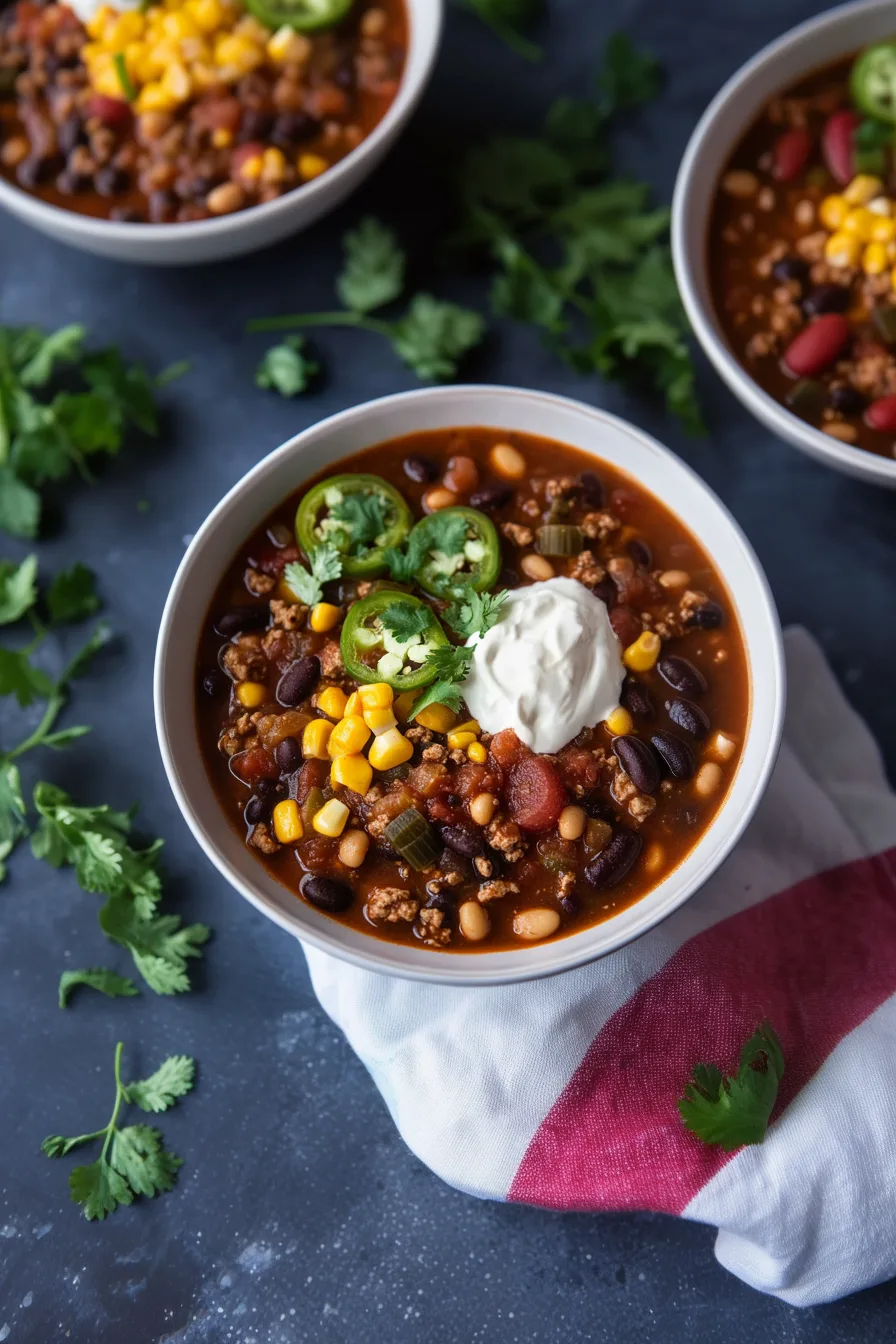 Overhead view of a colorful, vegetable-packed soup in a ceramic bowl.