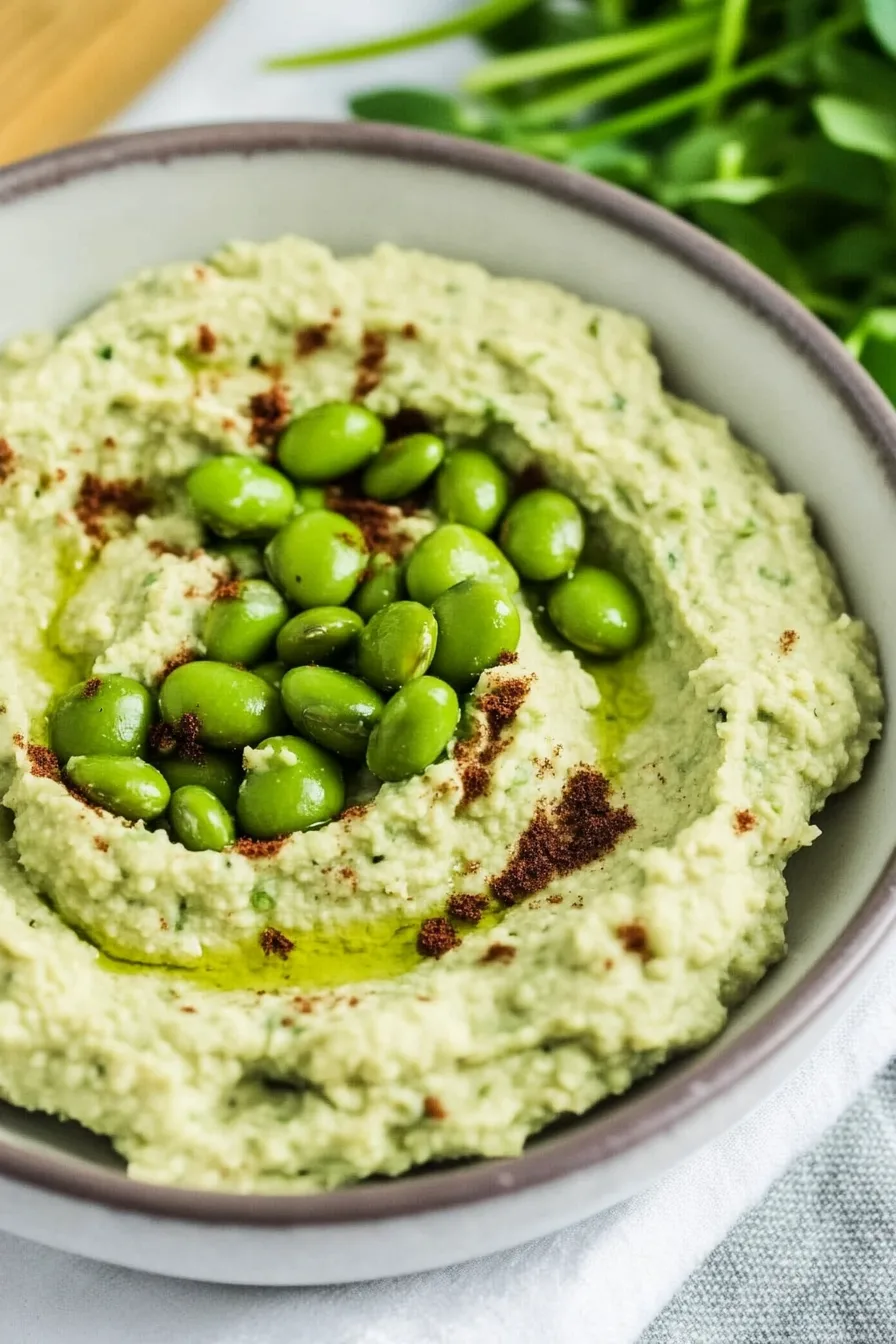 Close-up of a creamy green appetizer topped with a drizzle of olive oil and sesame seeds.