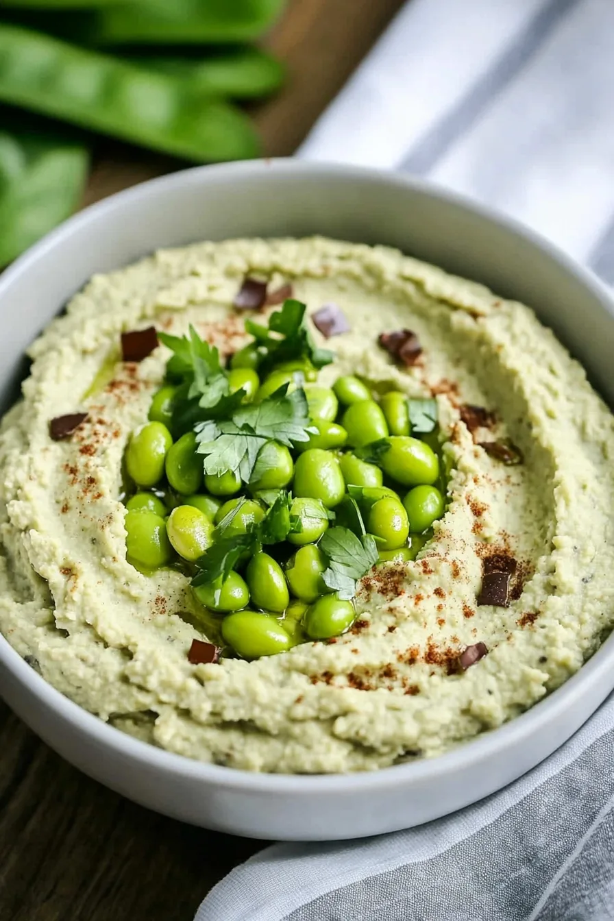 Green dip served in a rustic dish, surrounded by fresh veggie sticks.