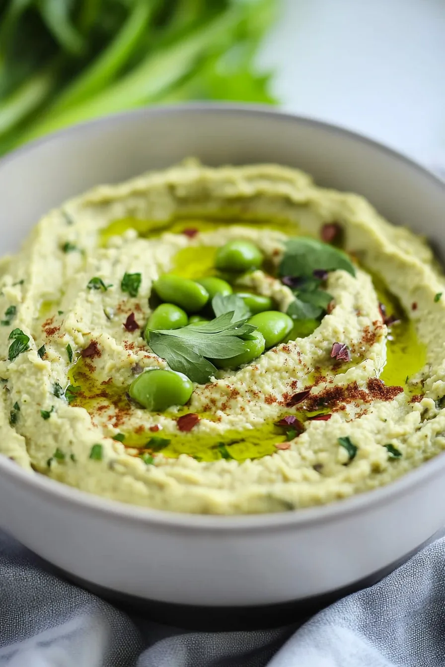 Small ceramic bowl filled with a creamy green spread, garnished with herbs.