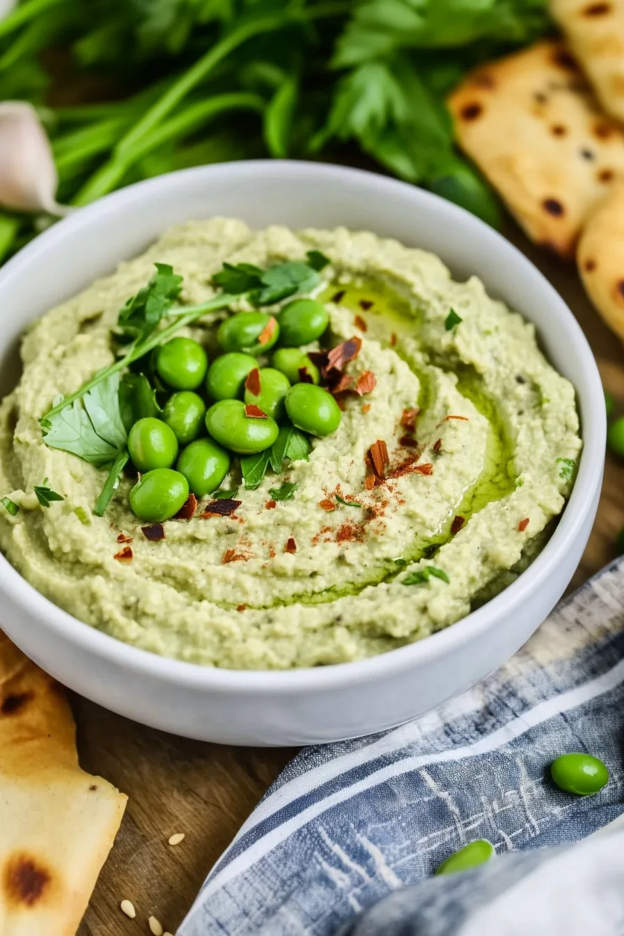 A small bowl filled with a smooth green spread placed on a wooden board with crackers.