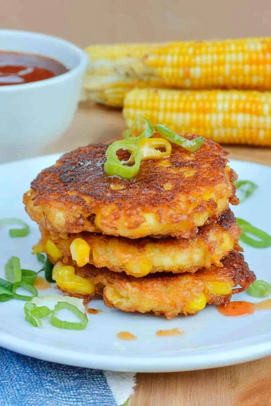 Golden, crispy rounds stacked on a white plate with a drizzle of dipping sauce nearby