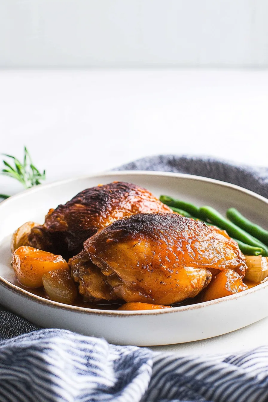 Close-up of tender chicken topped with a light sauce.