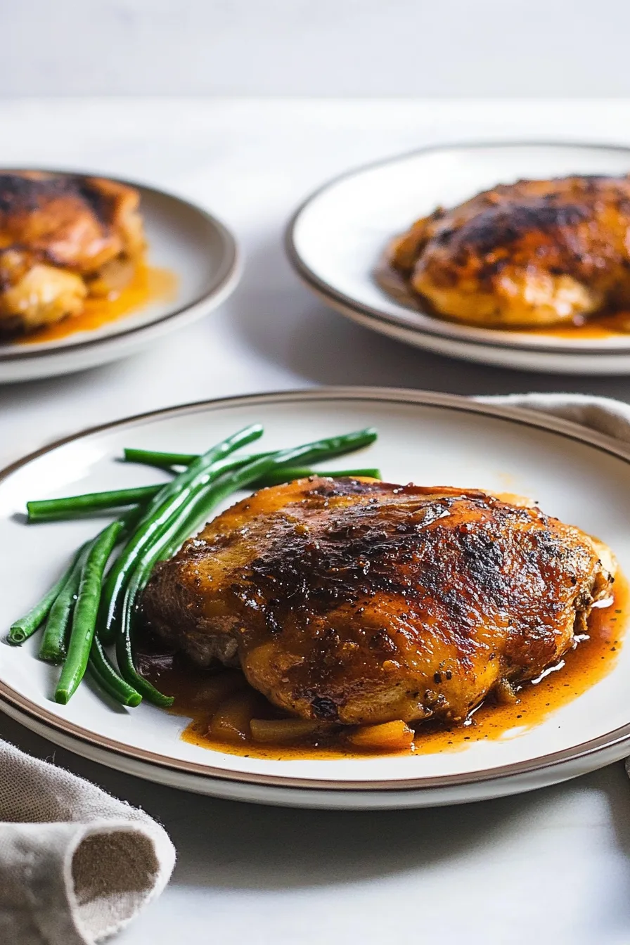 Plated serving of juicy chicken with a side garnish.