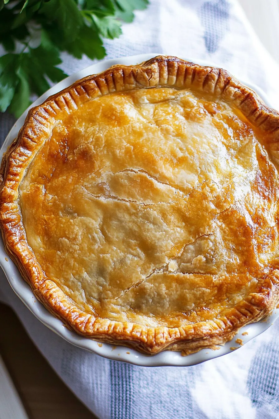 Overhead view of a whole baked pie with browned edges