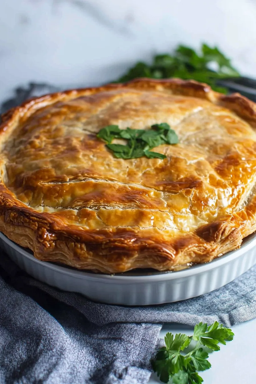 Close-up of flaky crust showing the seasoned meat filling inside