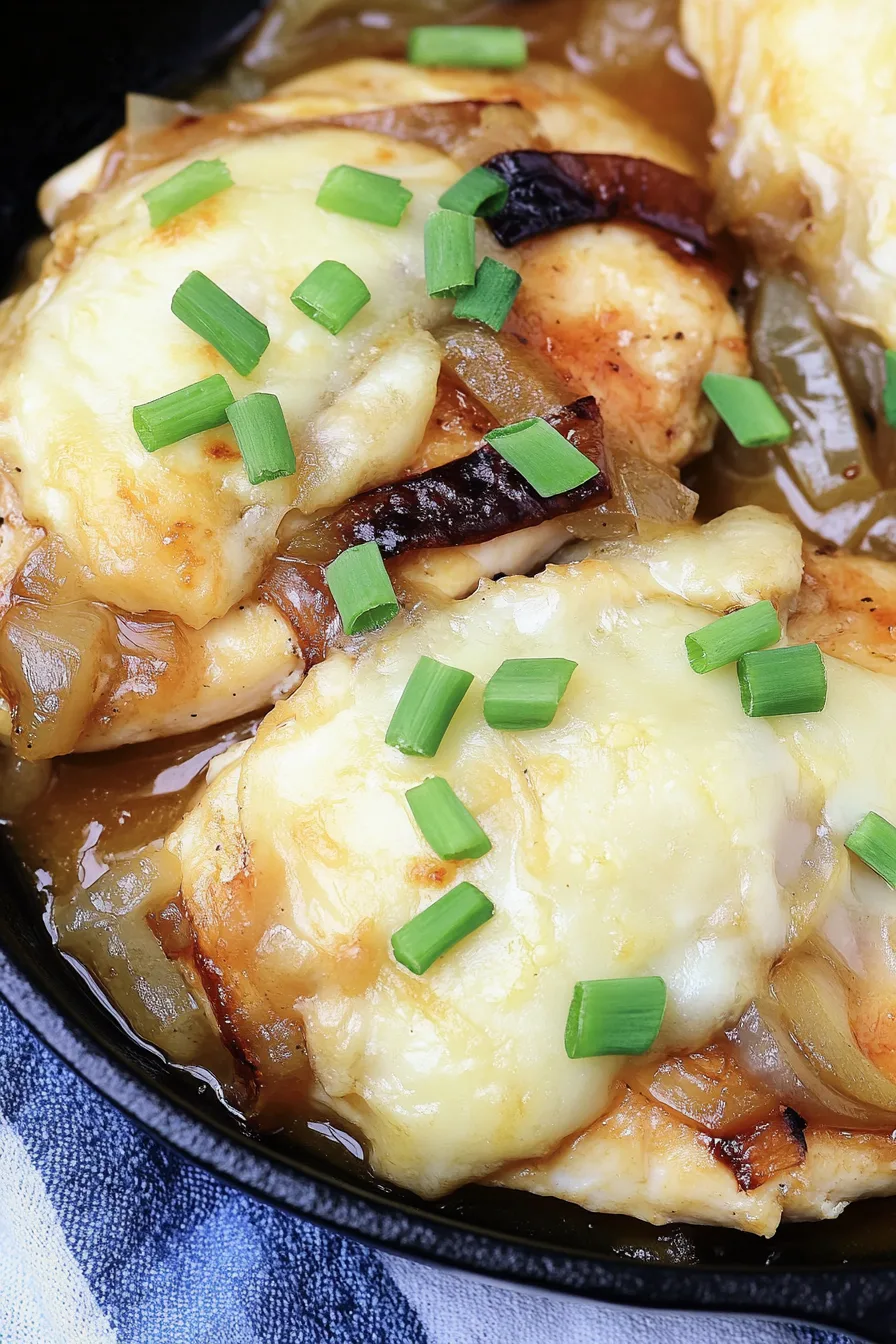 Golden-baked chicken topped with caramelized onions and melted cheese.