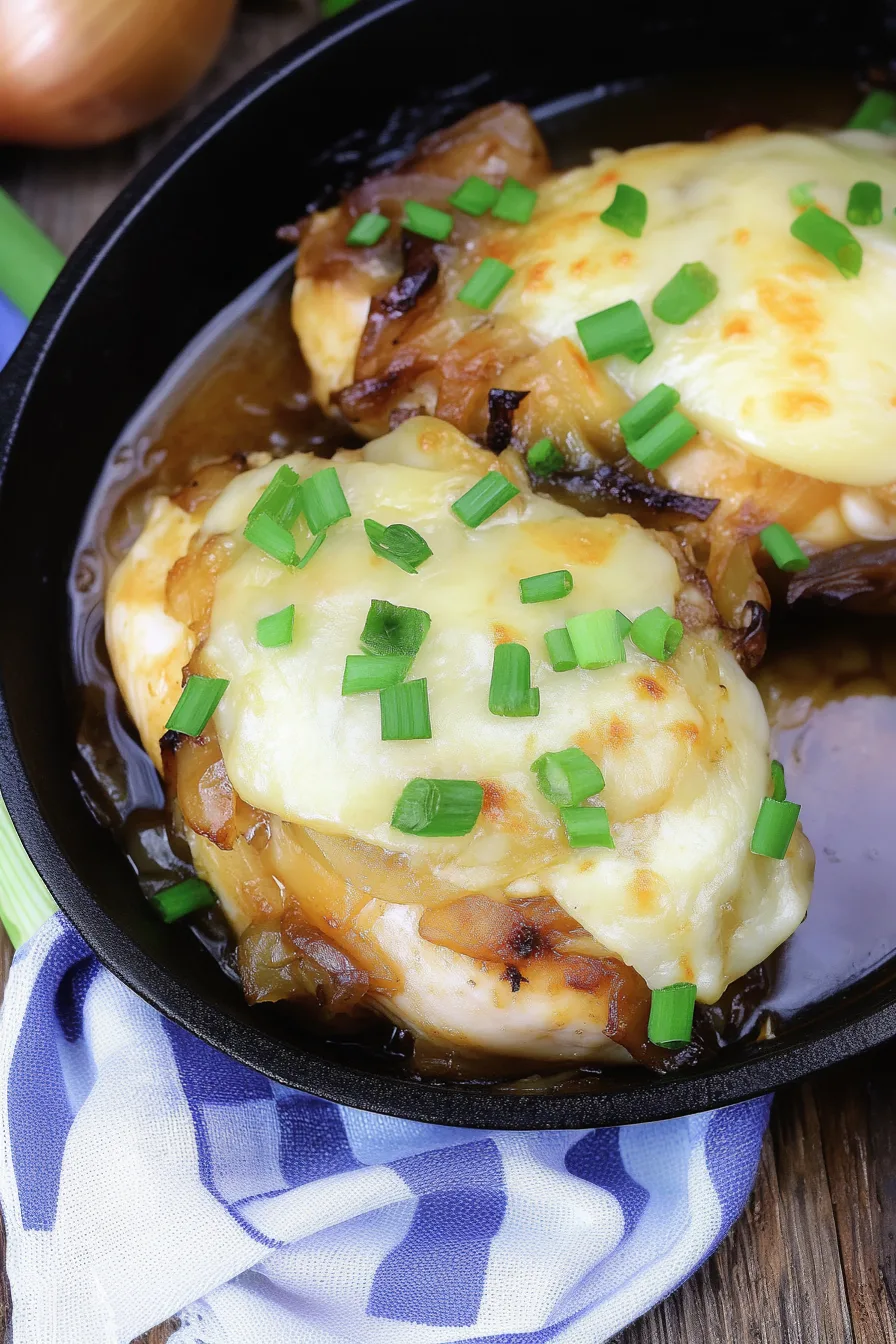 Comfort food style chicken topped with gooey cheese and sweet onions.