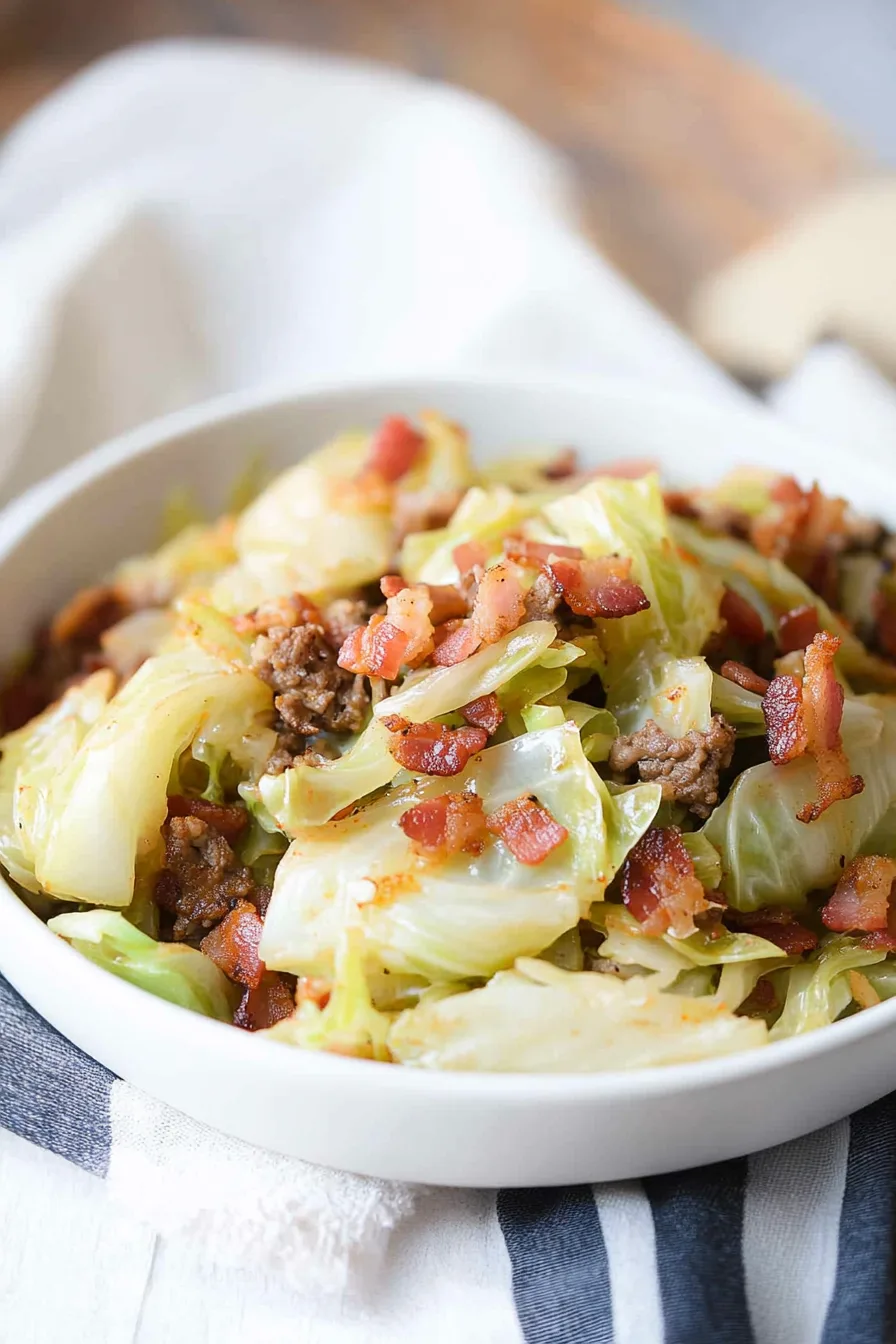 Hearty side dish of cooked cabbage and bacon ready to serve.