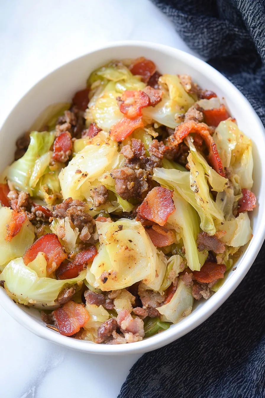 Golden-brown cabbage with bits of bacon on a white plate