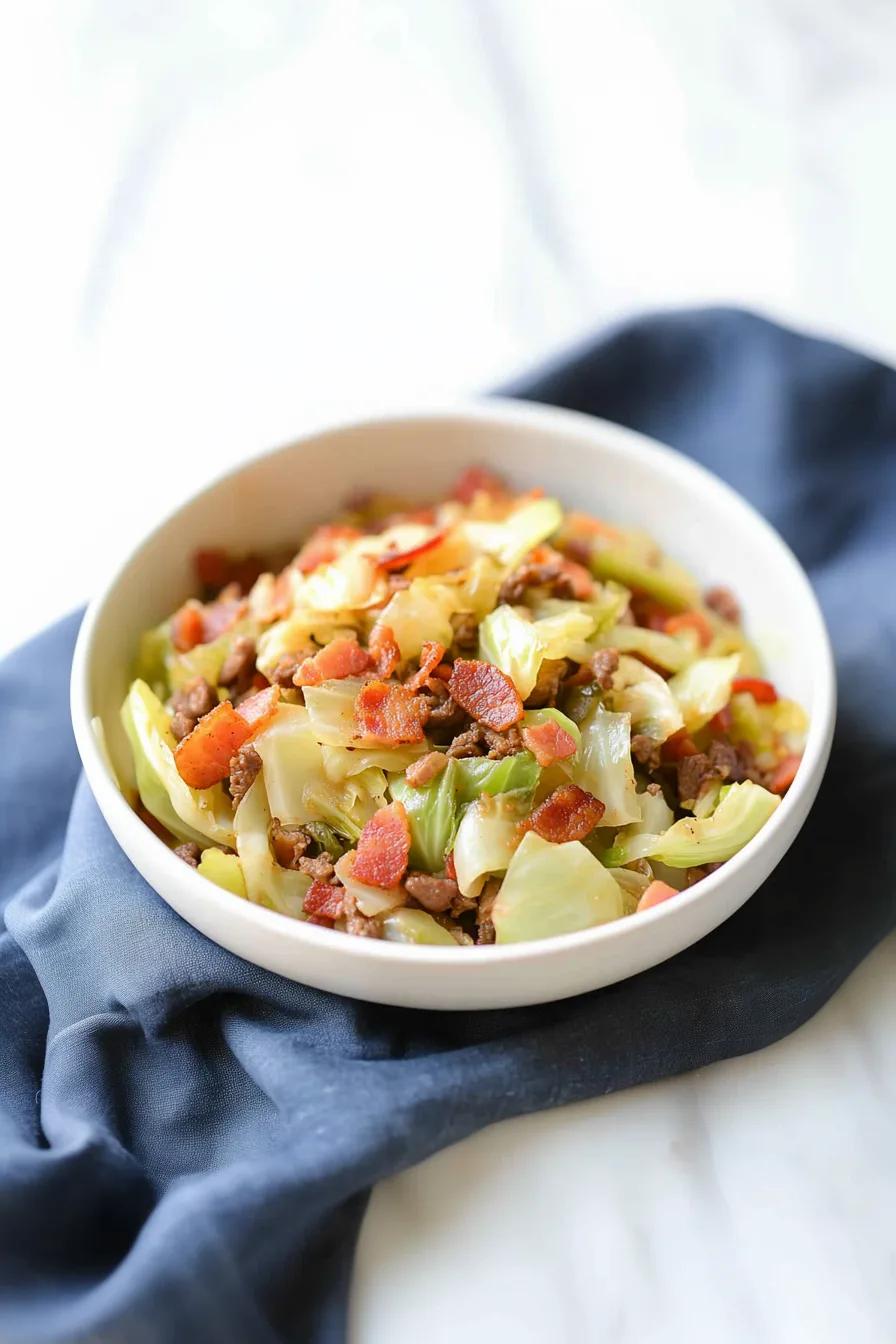 Skillet filled with sautéed cabbage mixed with crispy bacon pieces.