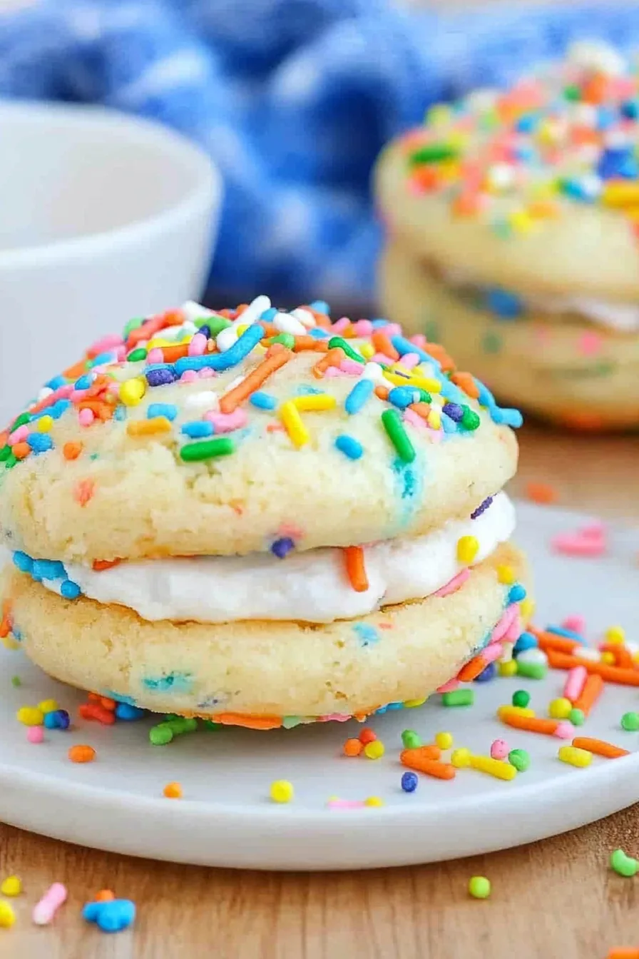 Close-up of colorful sandwich cookies with creamy filling and sprinkles around the edges.