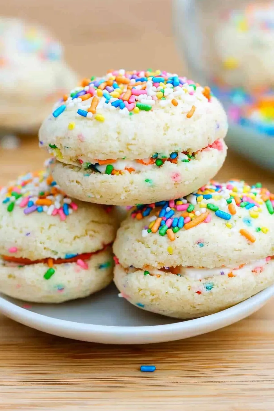 A plate filled with colorful sandwich-style desserts topped with rainbow sprinkles.