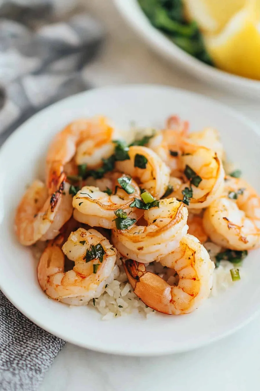 Plated shrimp dish with a sprinkle of fresh herbs and a squeeze of lemon.