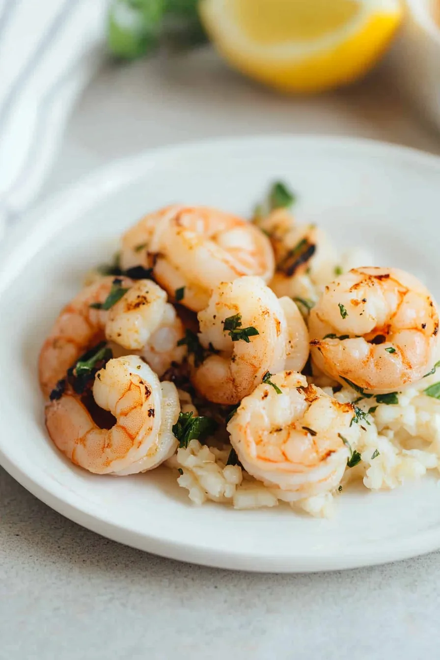 Final shot of Garlic Grilled Shrimp With Herbs served on a white plate.