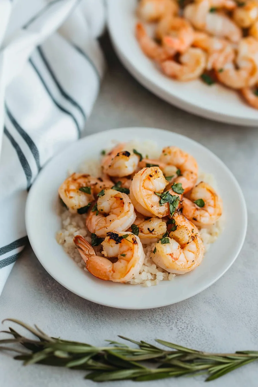 Overhead view of grilled shrimp dish ready to serve.