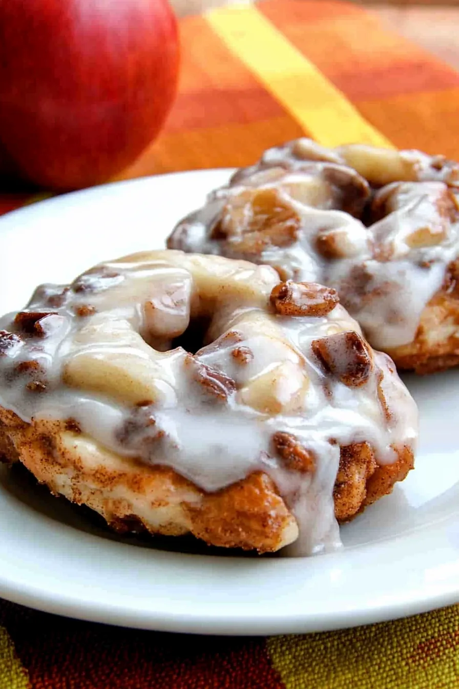 Overhead shot of a sliced sweet bread centerpiece with visible apple pieces and icing.