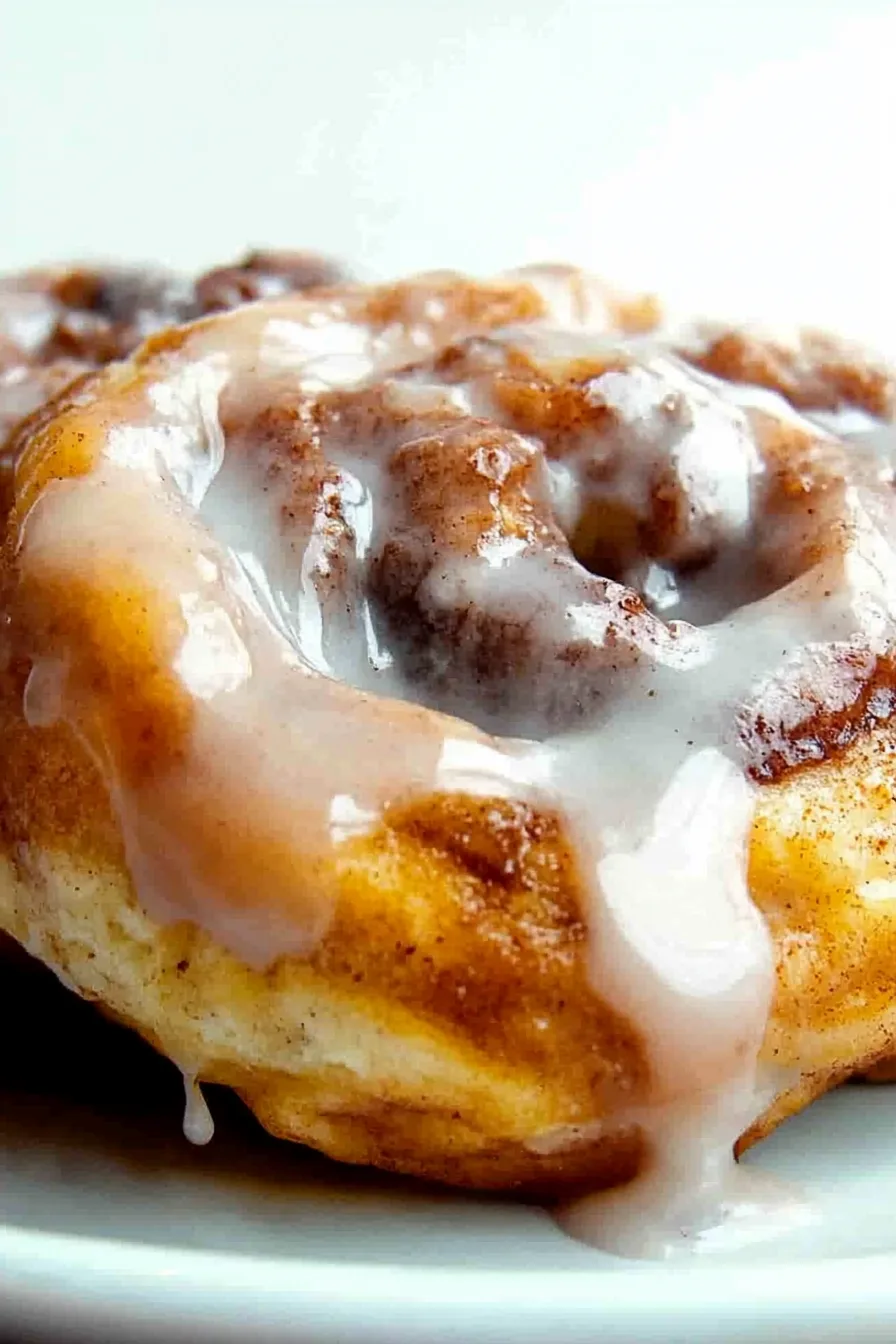 Close-up of a golden-brown swirl bread topped with a shiny glaze.
