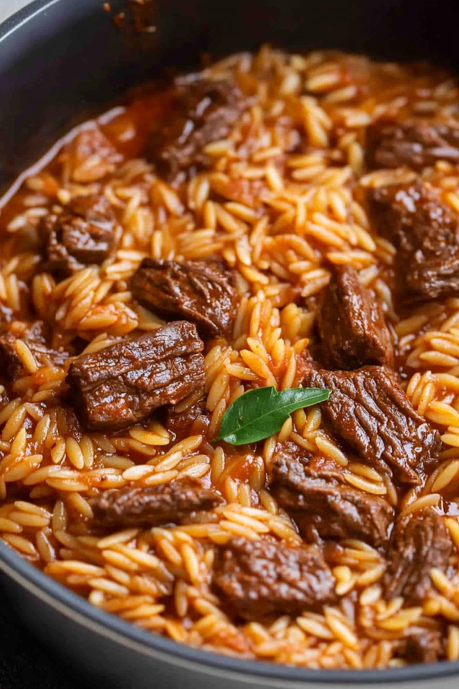 Comforting one-pot meal with slow-cooked beef and pasta