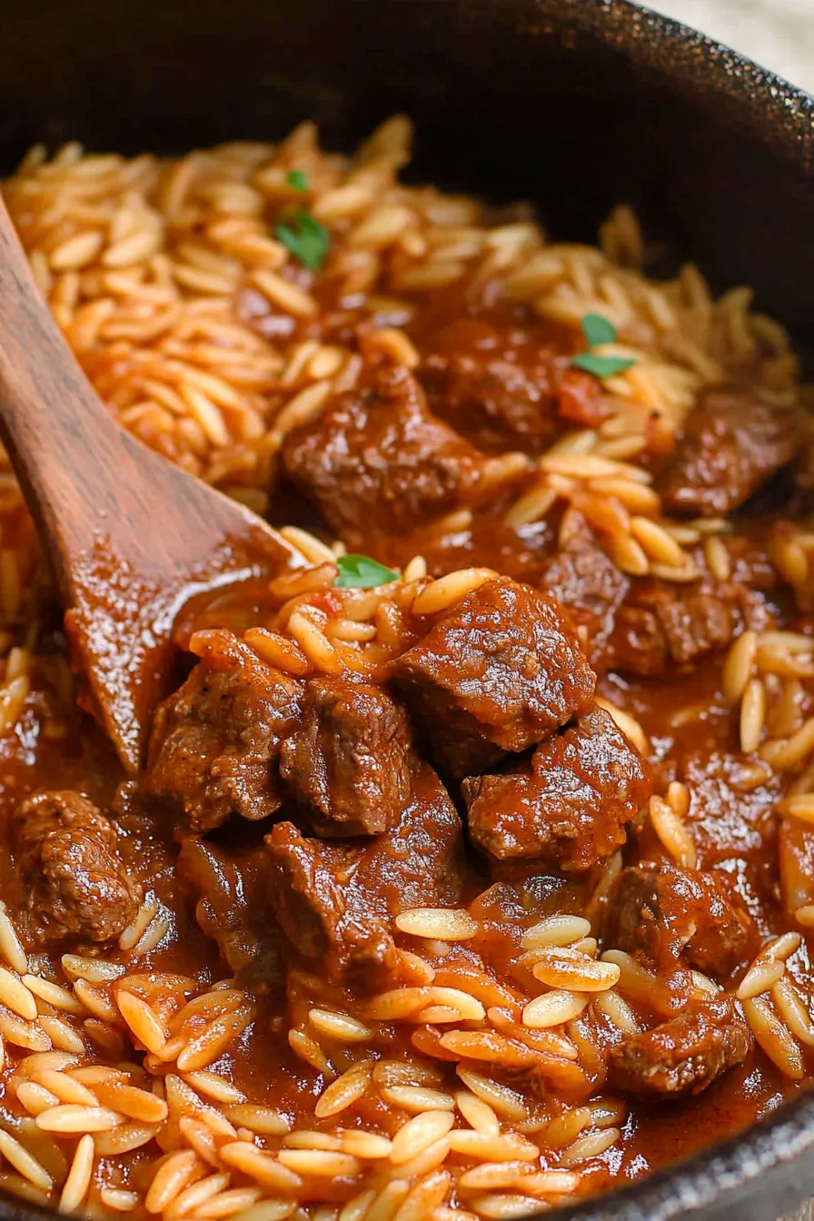 Close-up of tender braised beef mixed with orzo