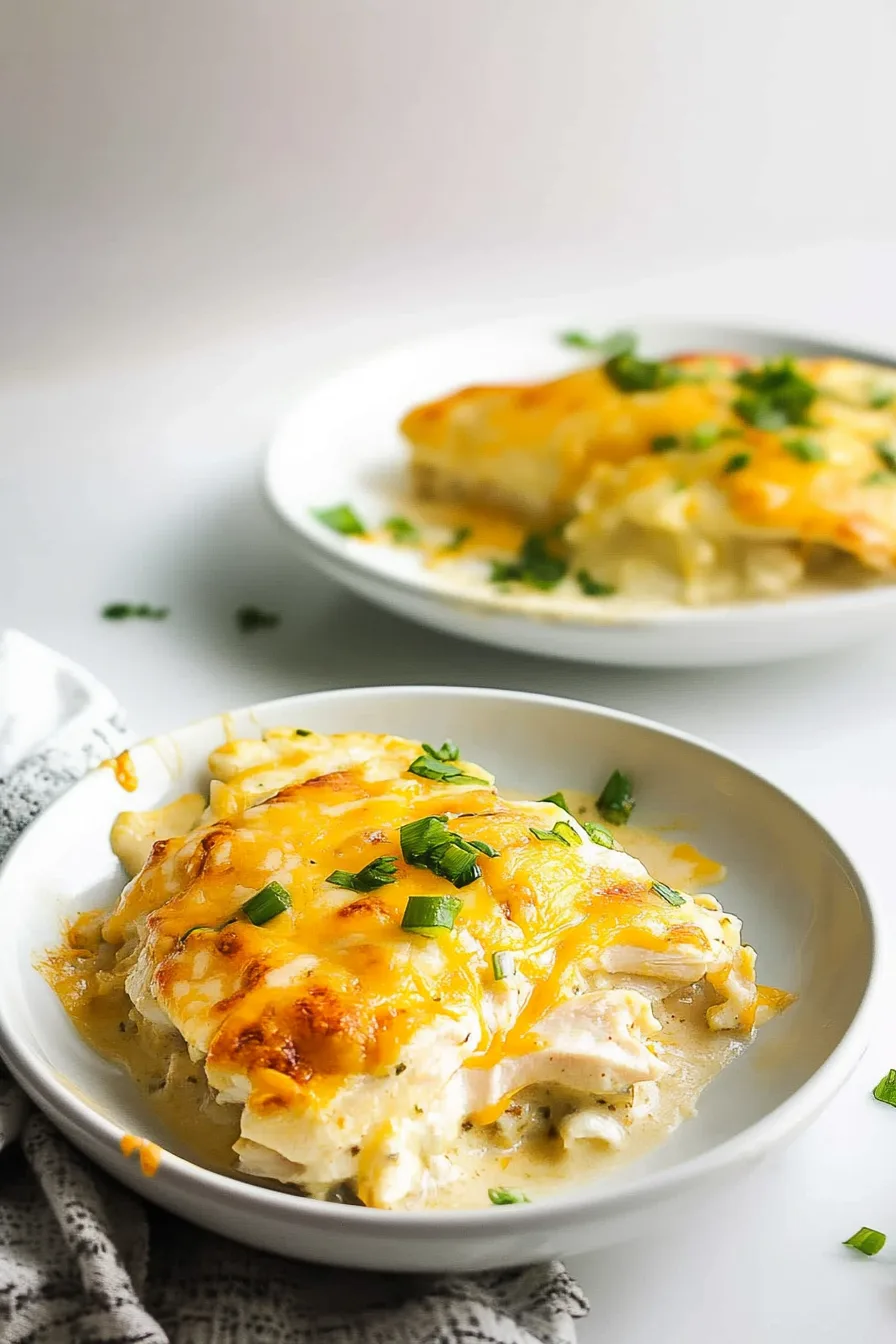 Juicy chicken breast smothered in a cheesy sauce