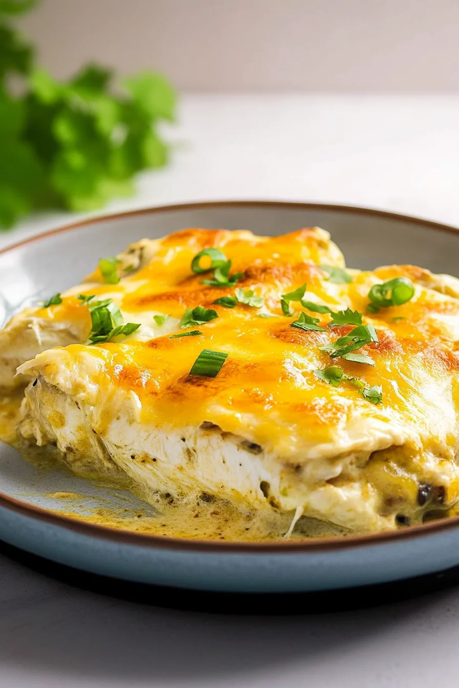 Close-up of a cheesy chicken dish with golden edges