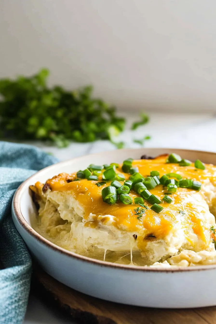 Baked chicken topped with melted cheese and roasted peppers