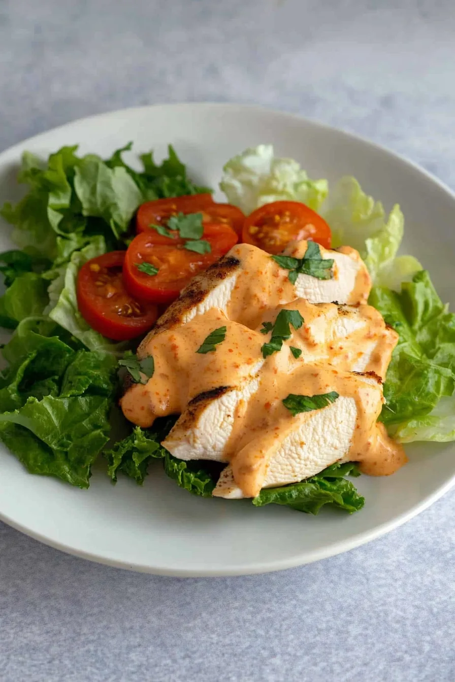 Seared chicken breast topped with smooth red pepper sauce