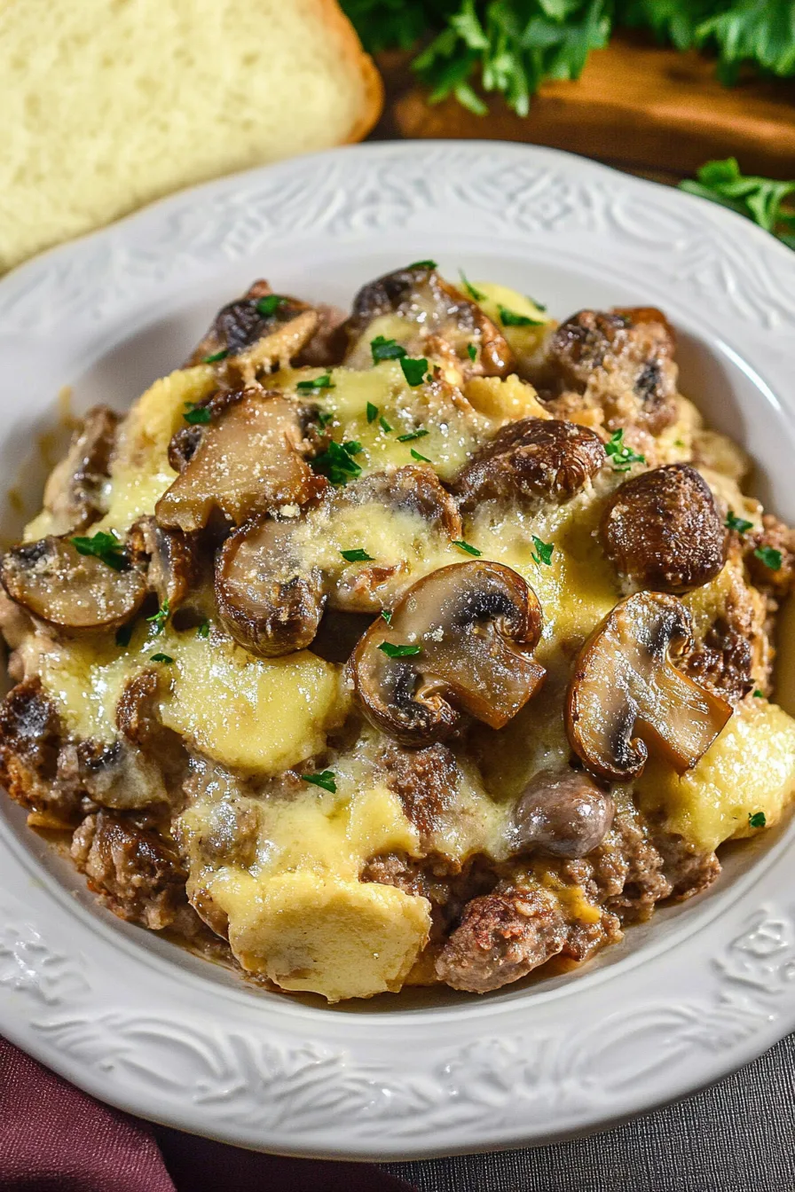 Overhead view of a bubbling, cheesy dinner fresh from the oven.