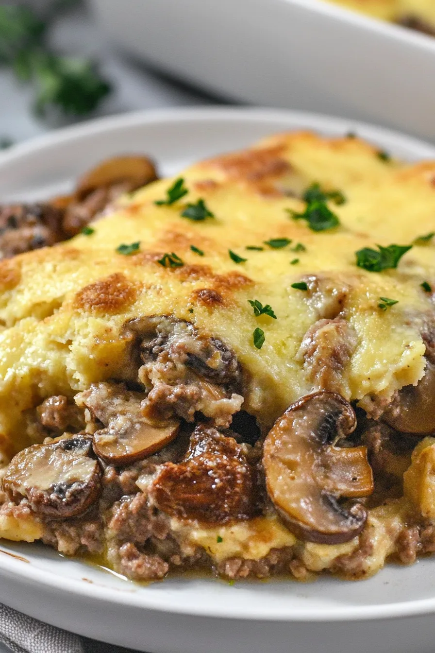 Close-up of creamy layers with mushrooms and melted cheese.