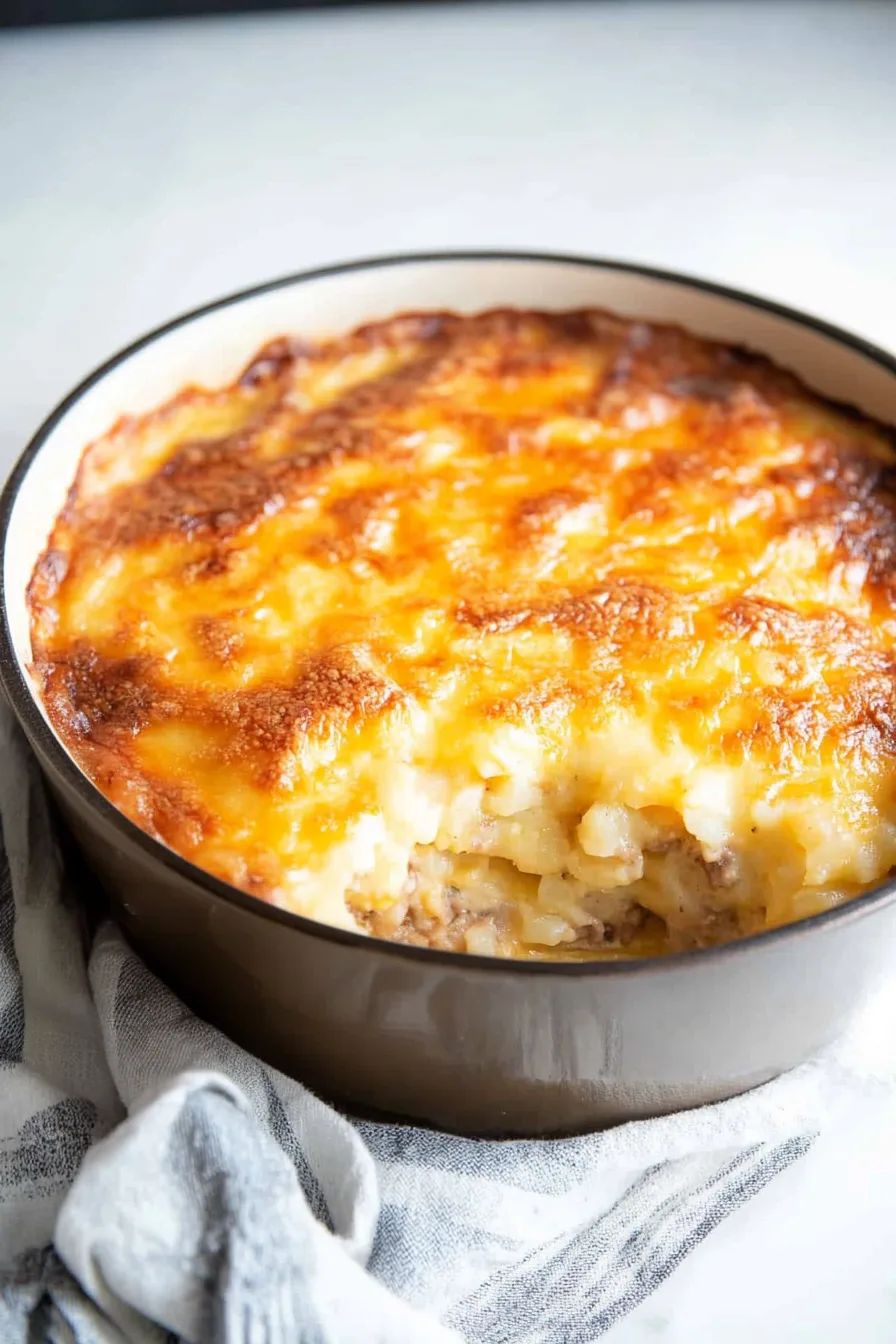 Cheesy comfort food casserole with browned edges and hearty filling.