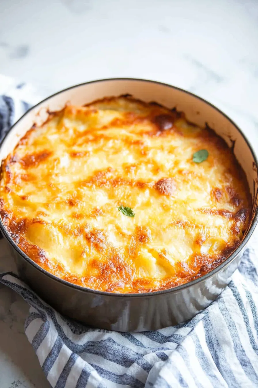 Baked casserole with golden melted cheese on top.