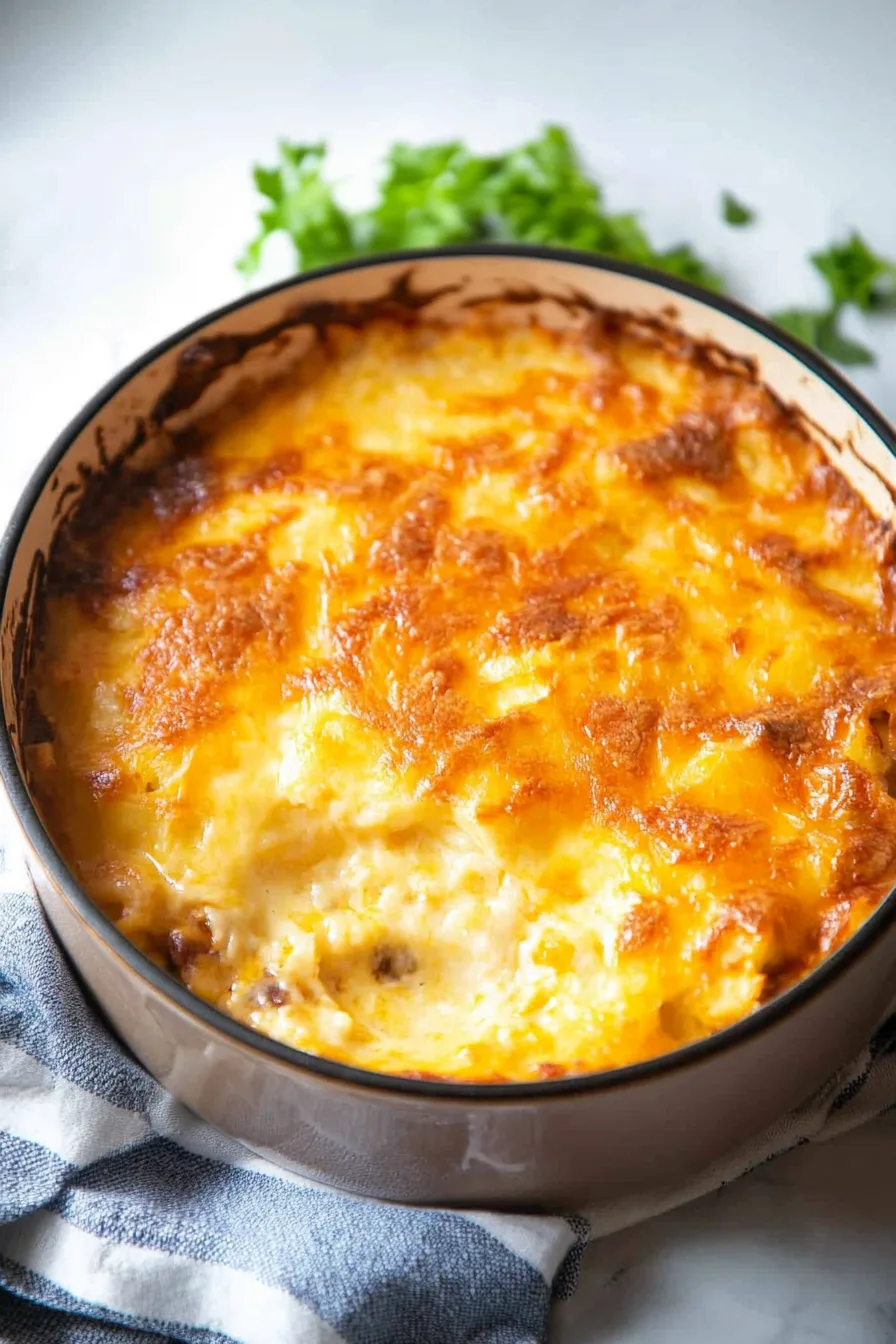 Hearty dinner served in a casserole dish with potatoes and beef layers.