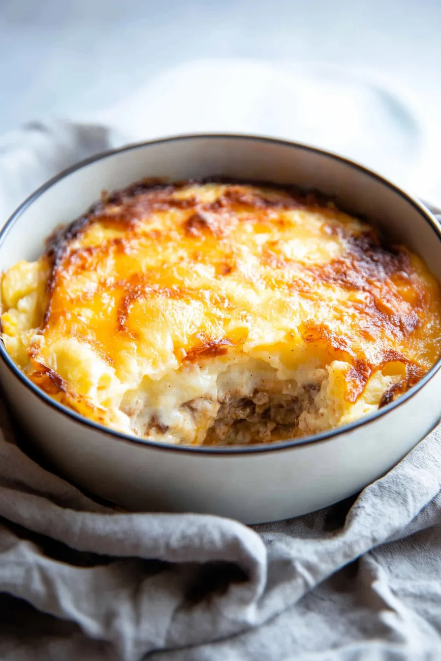Comfort food dinner with cheesy topping and browned edges.