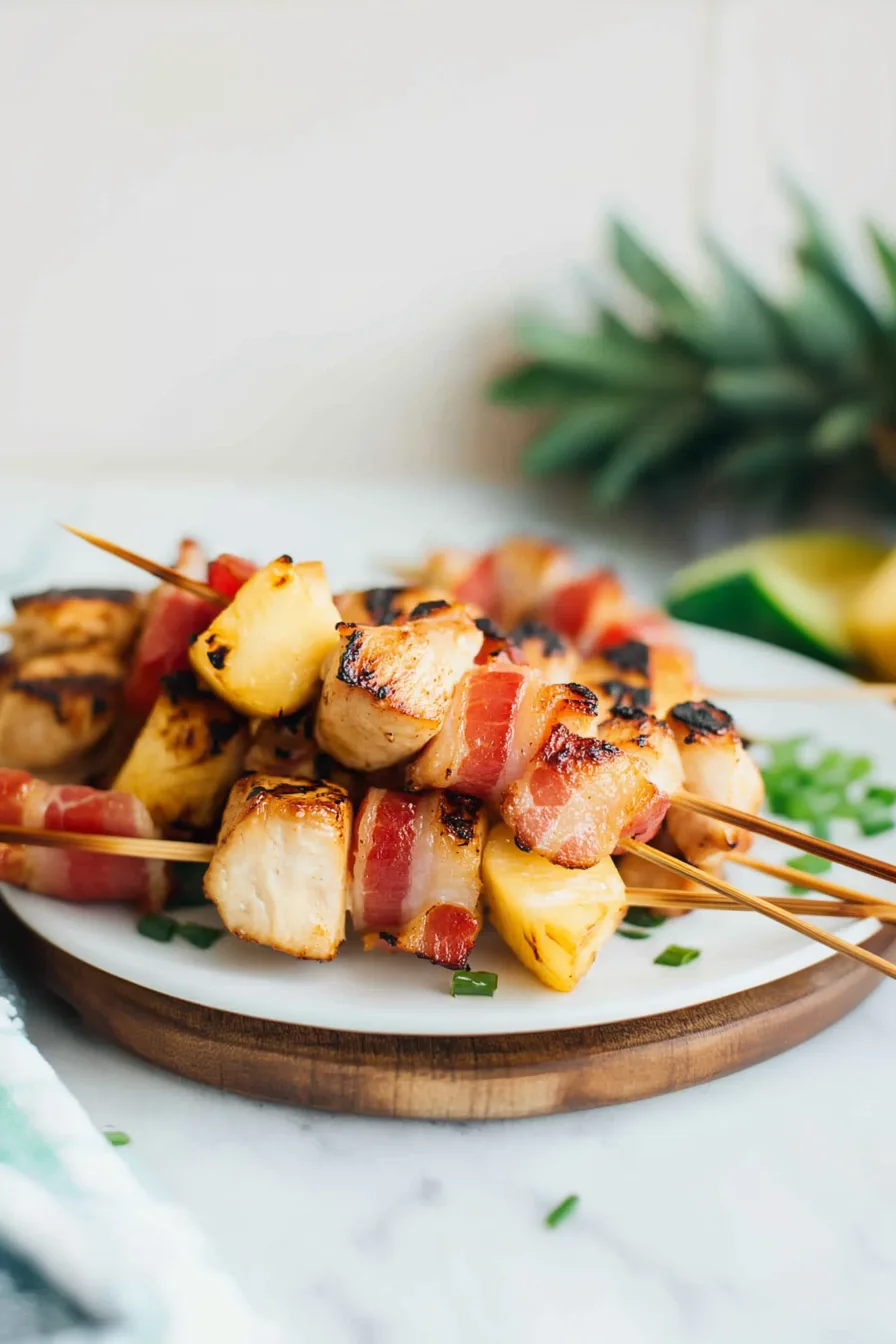 Freshly grilled meat and pineapple skewers resting on a wooden board