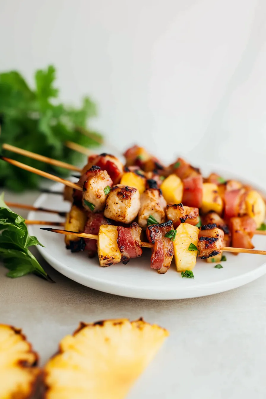 Charred skewers served on a platter with colorful vegetables
