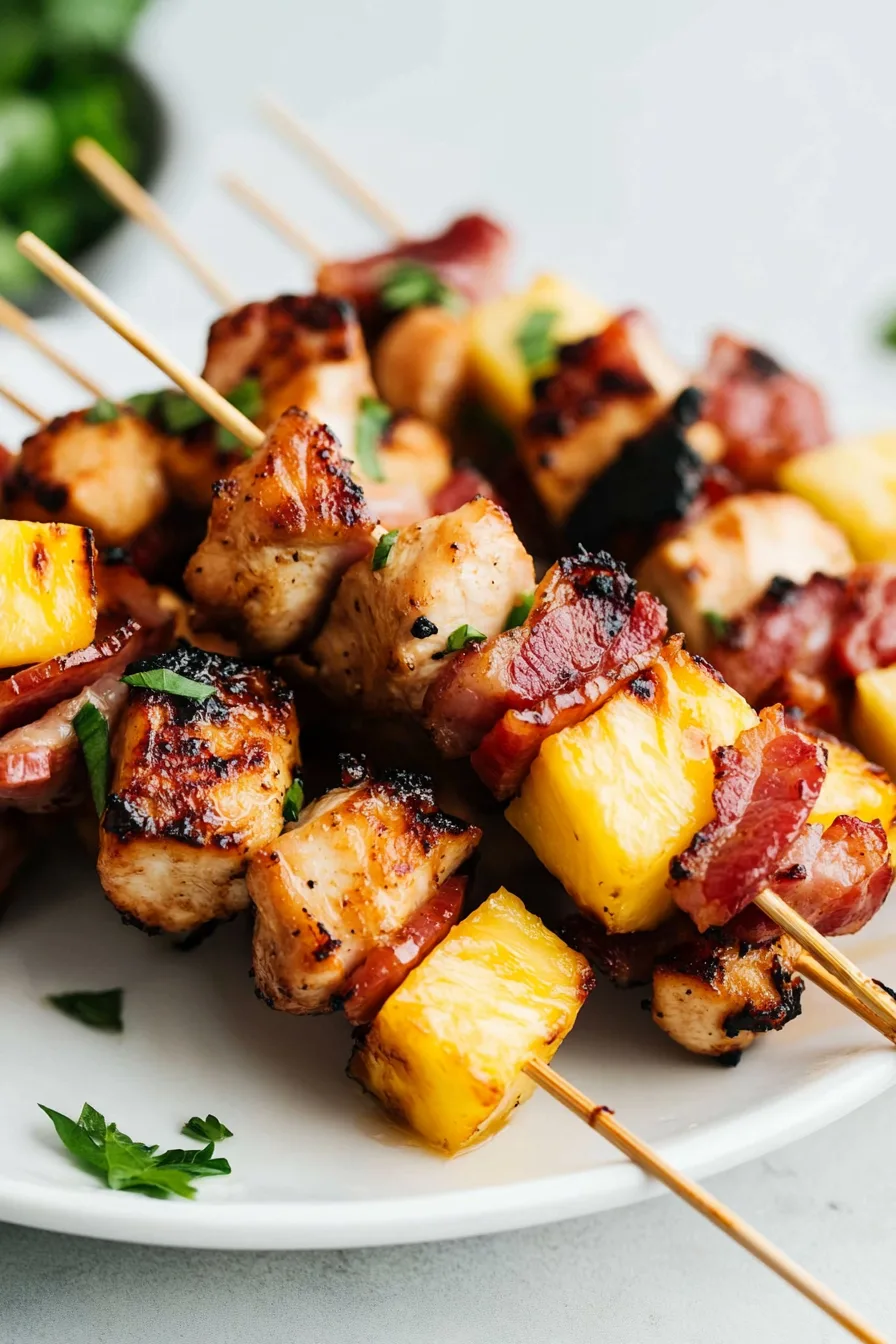 Close-up of smoky kebabs brushed with a sweet glaze