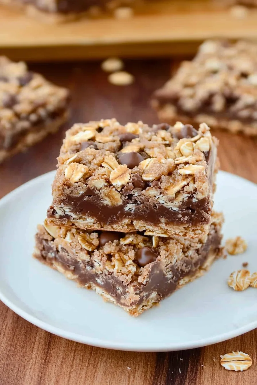 Overhead view of sliced bars with rich, glossy topping and rustic presentation
