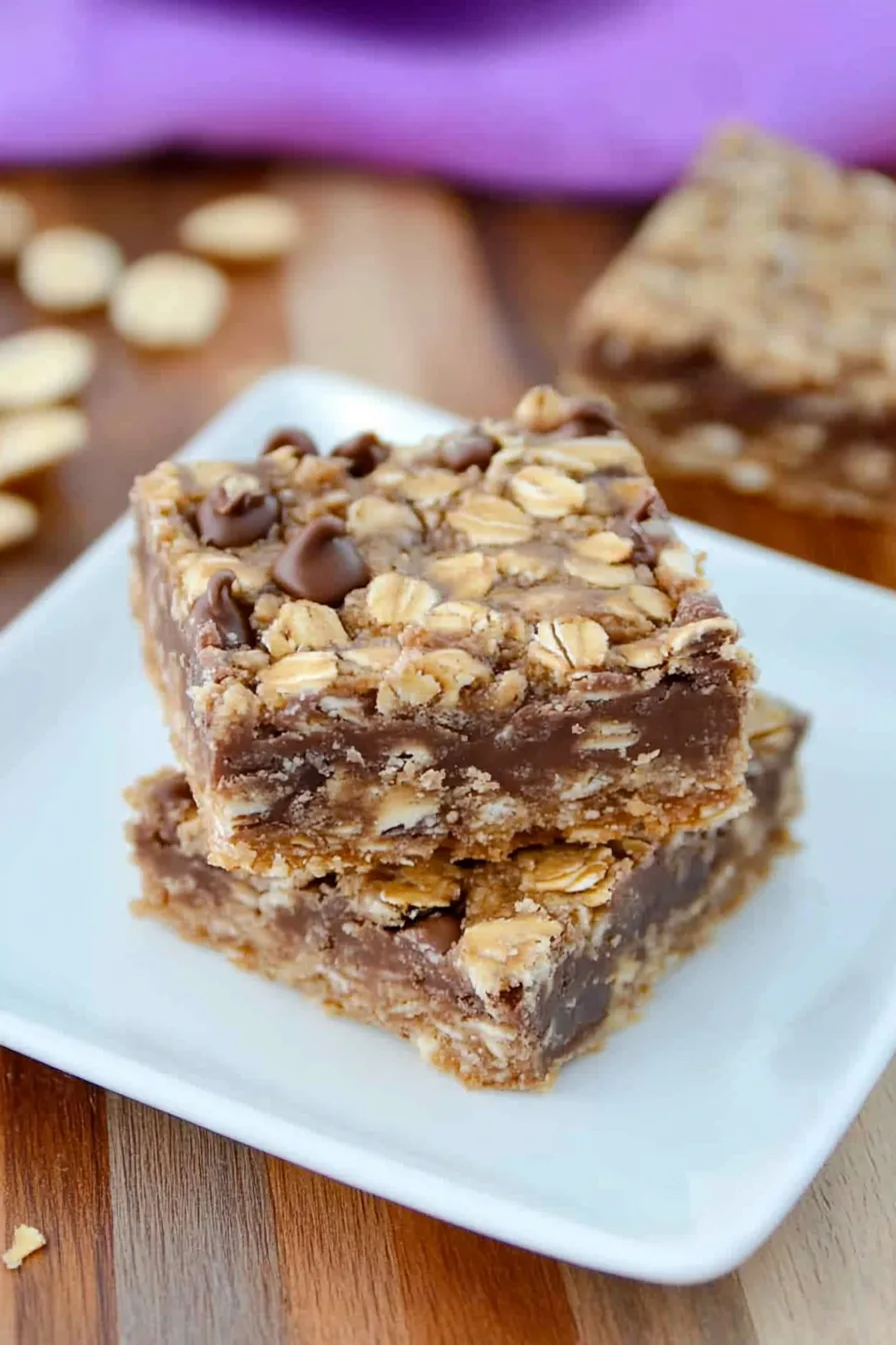 Stacked snack bars with oat, chocolate, and pecan textures in focus
