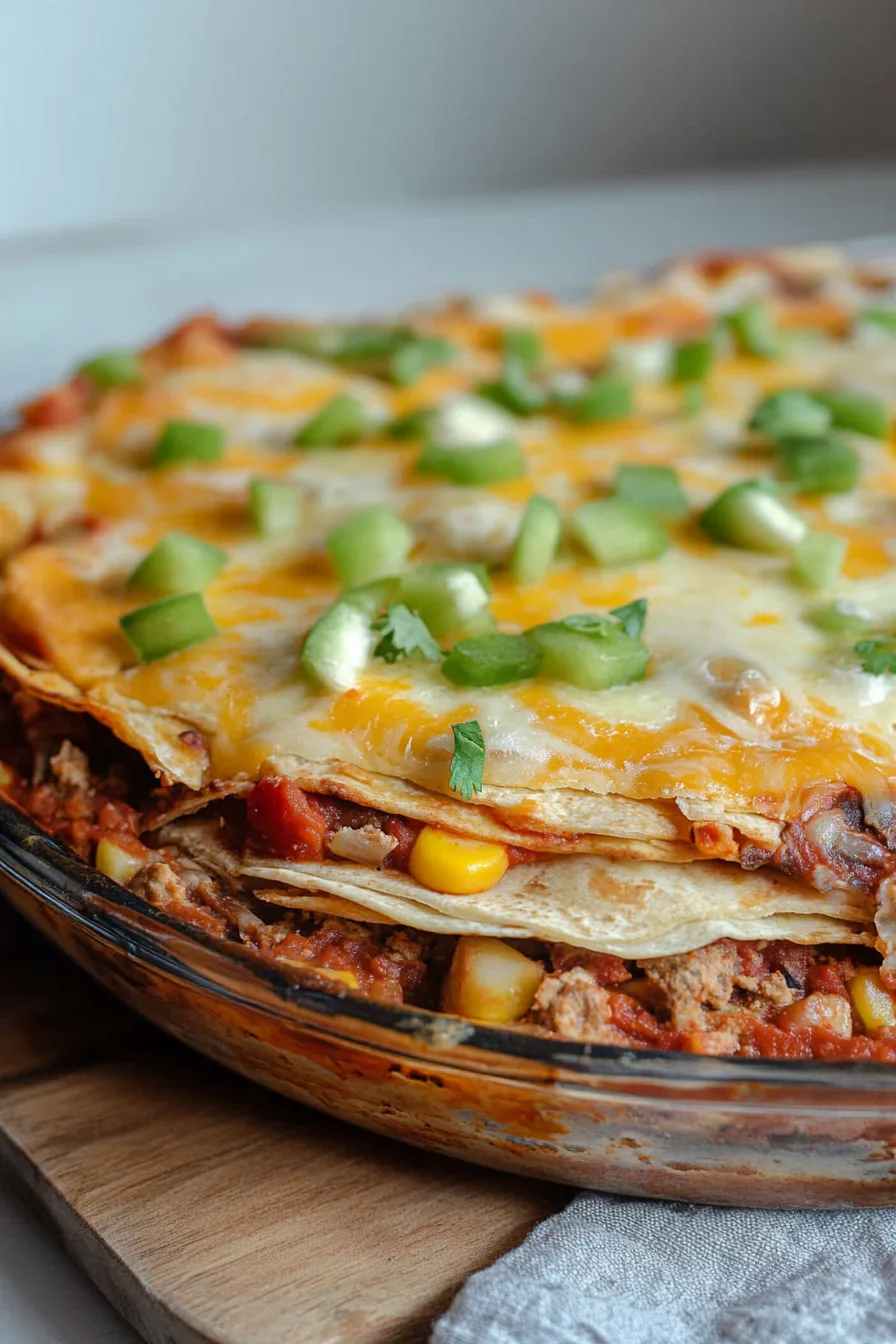 Baked casserole layered with tortillas, cheese, and savory filling