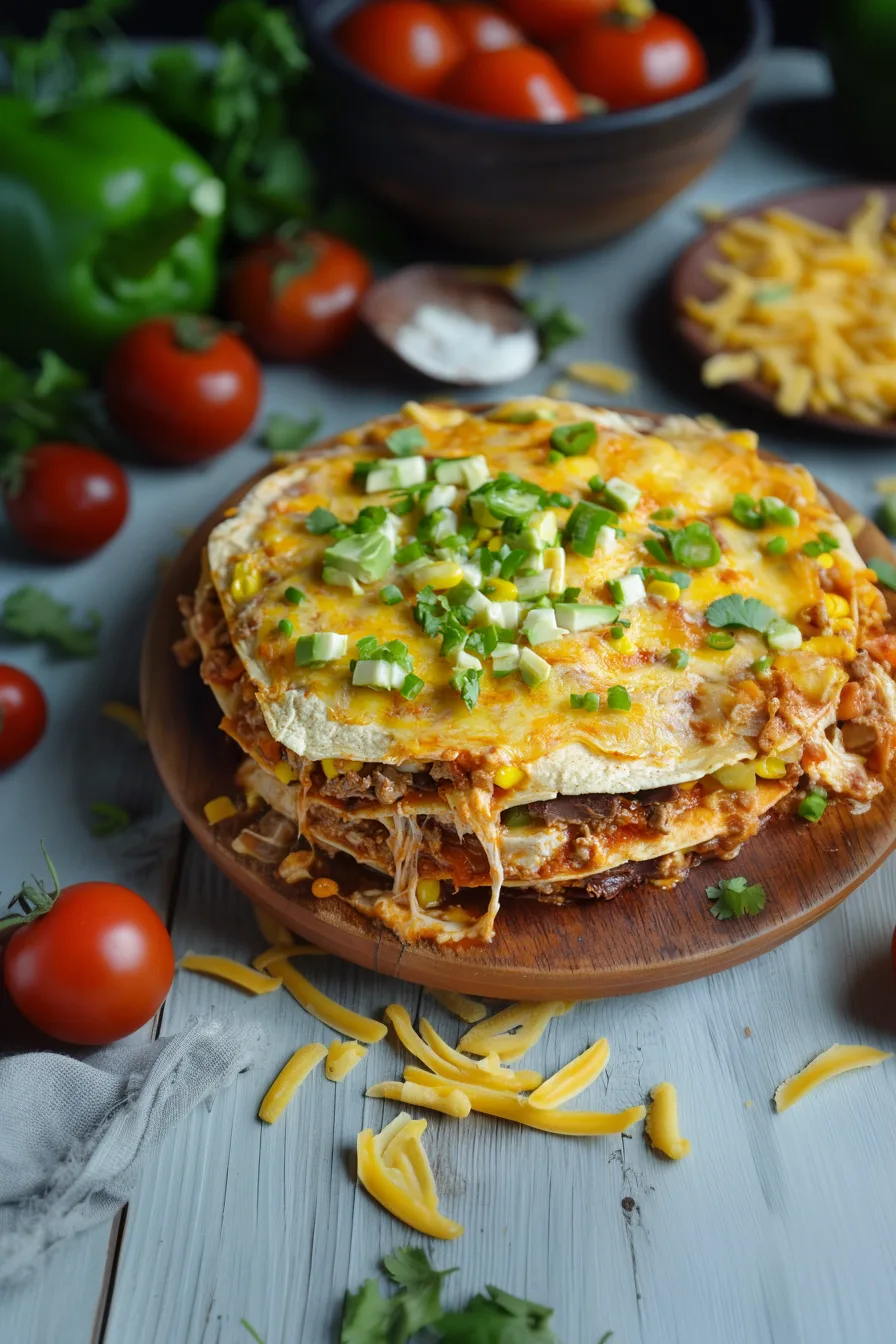 Overhead view of a hearty layered casserole in a dish