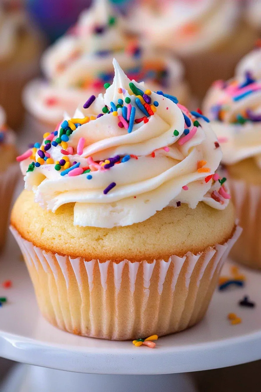 Close-up of a fluffy dessert with pastel icing and scattered confetti-style toppings.