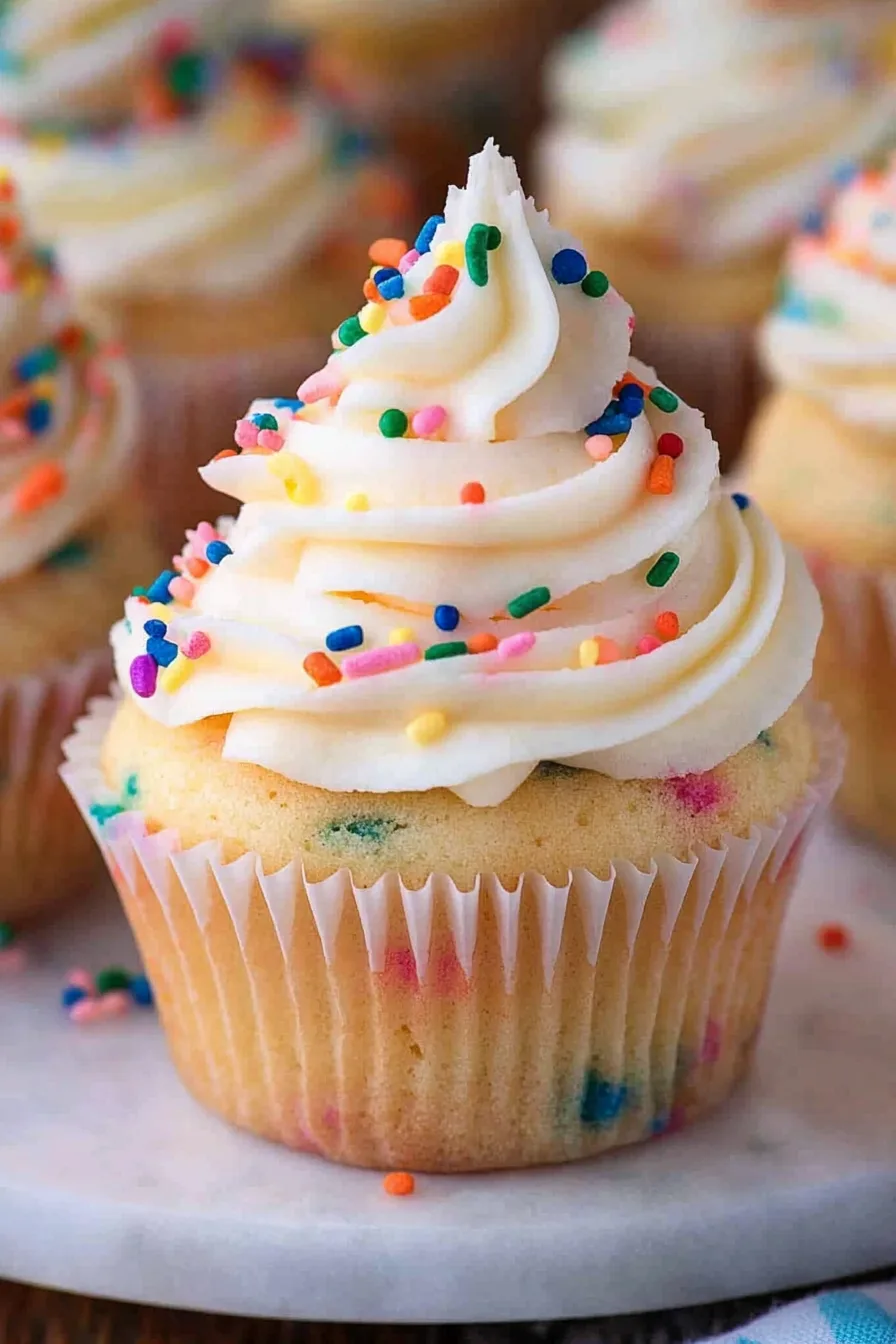 Single festive cupcake in a paper liner with a bite taken out, showing soft texture.