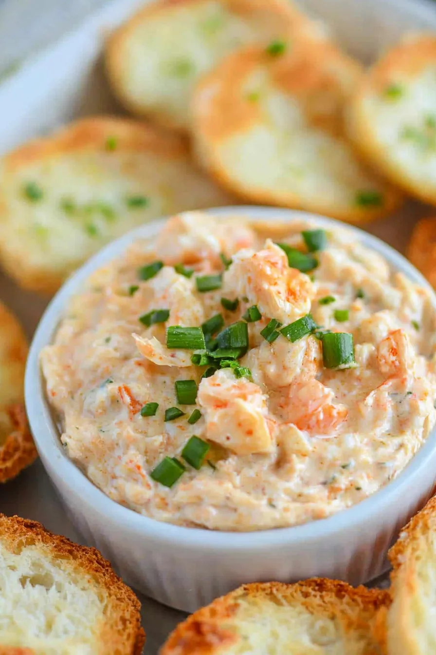 Overhead view of baked dip surrounded by toasted baguette slices.