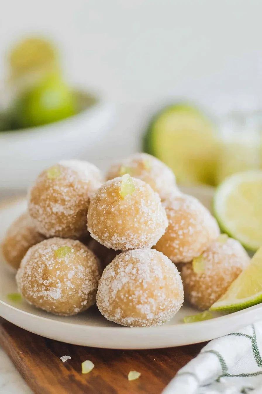 Close-up of sugar-coated bite-sized dessert balls on a white plate.