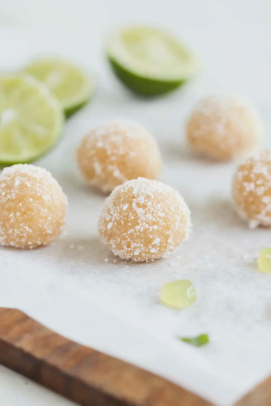 Small round treats with a citrus zest garnish, arranged in a neat row.