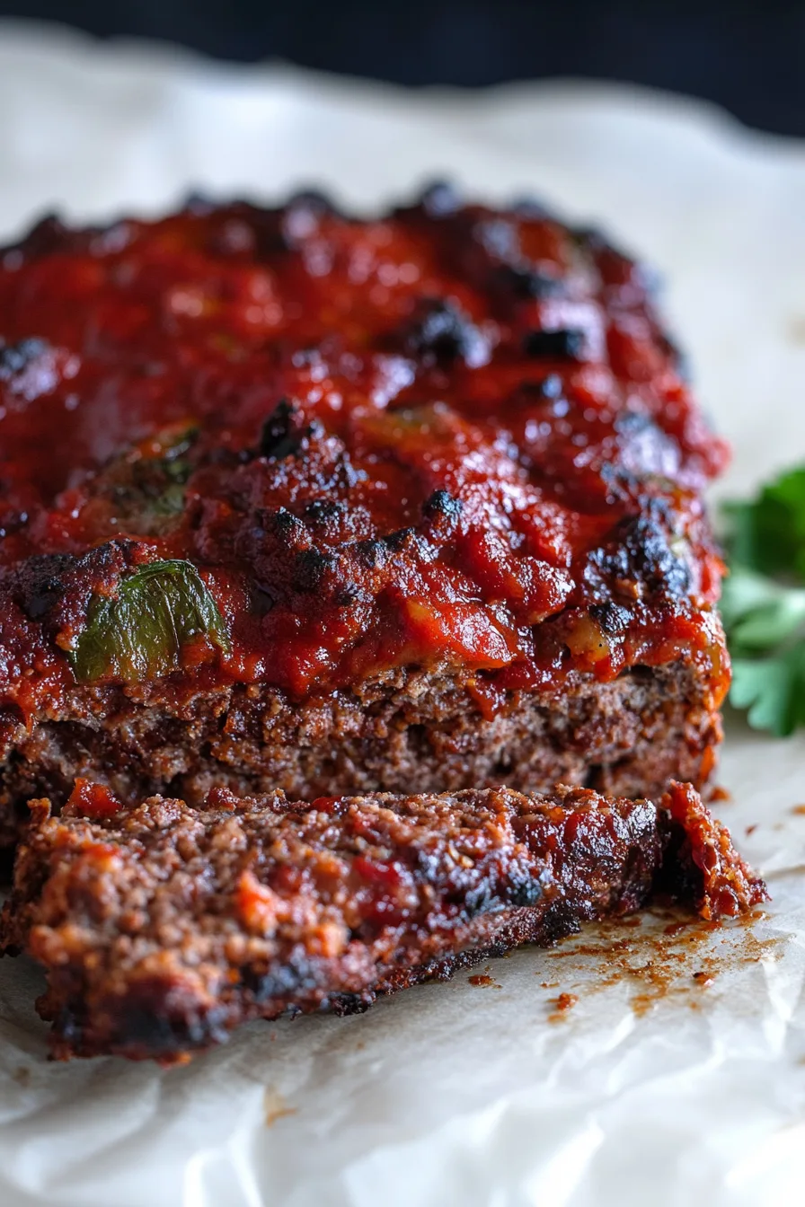 Close-up of a moist meatloaf with a tangy glaze on top